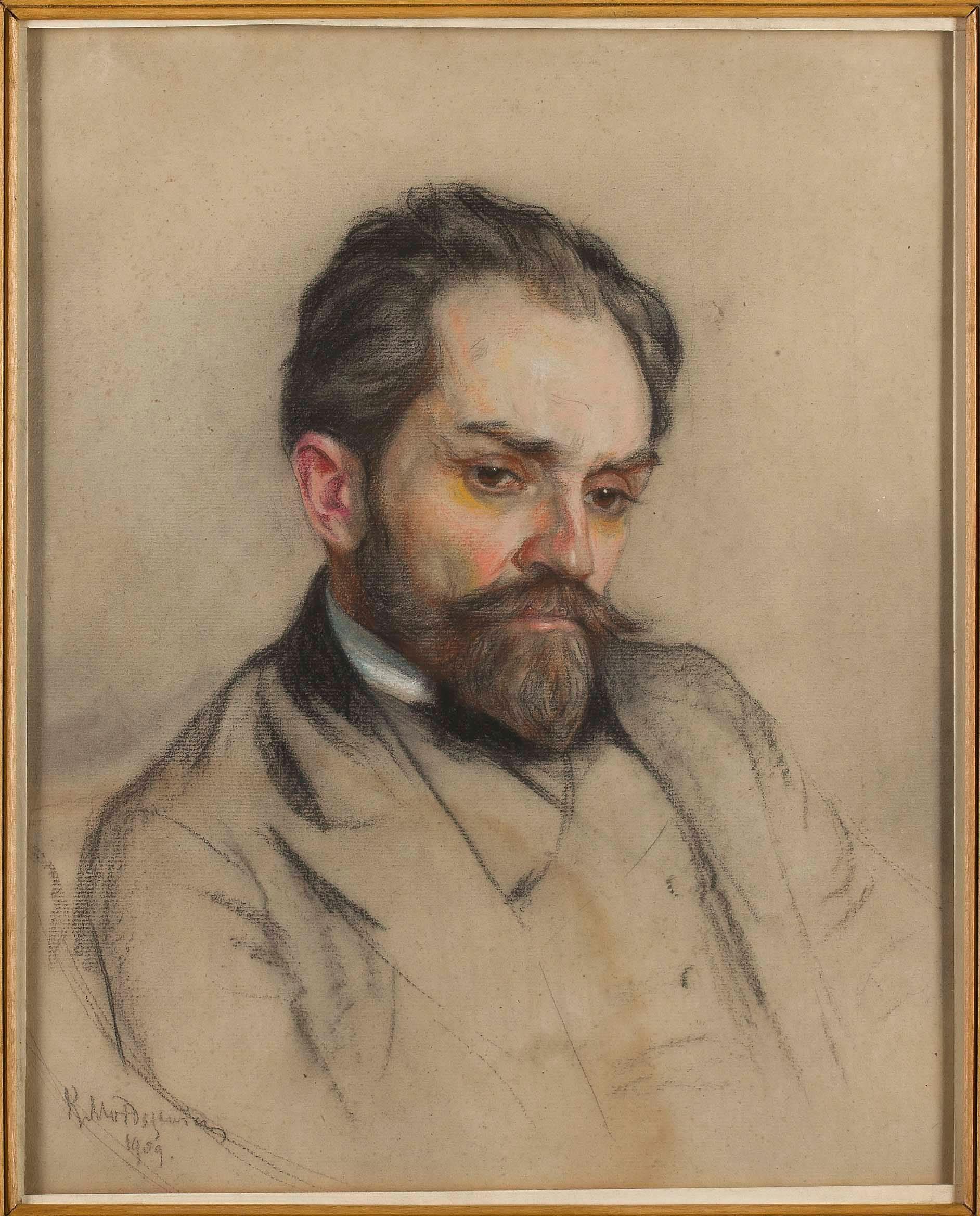 Portret Stefana Żeromskiego wykonany pastelami. Mężczyzna w średnim wieku, w ciemnym ubraniu, patrzy w bok.